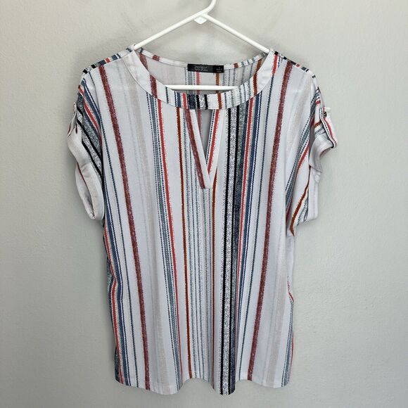 Cure | Keyhole Striped Short Sleeve Top Blouse Blue Red Stretch Size Large - Picture 2 of 7